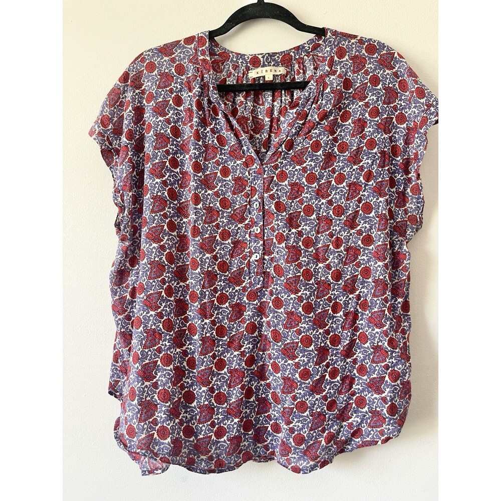 XíRENA 100% Cotton Floral Paisley Print Popover Blouse Red Purple White L